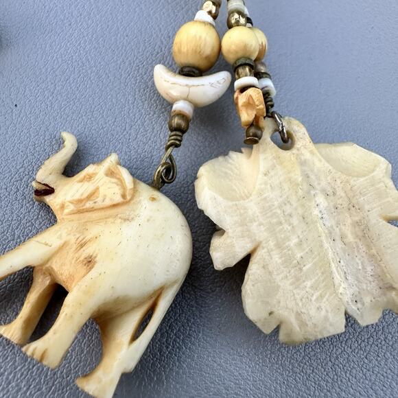 Vintage Boho Asymmetrical Carved Bone Statement Earrings 4” Drop Tribal Animal - Picture 6 of 6